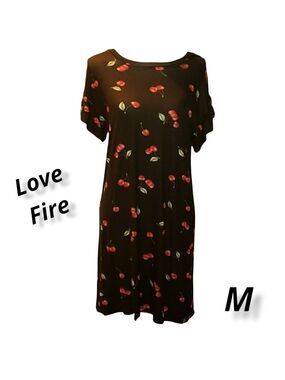 Love Fire Tee Shirt Dress Black with Cherries EUC